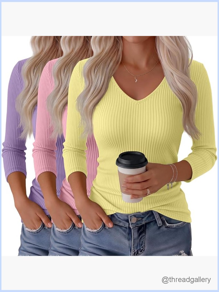 3-Pack Women's 3/4 Sleeve V-Neck Ribbed Cotton Tops Slim Fit Tees